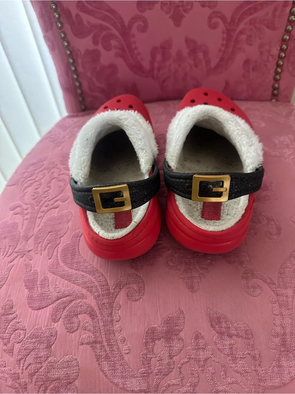 Santa Crocs size Junior 3 Kids Red Festive Faux-Fur Clog Shoes with Buckle Strap